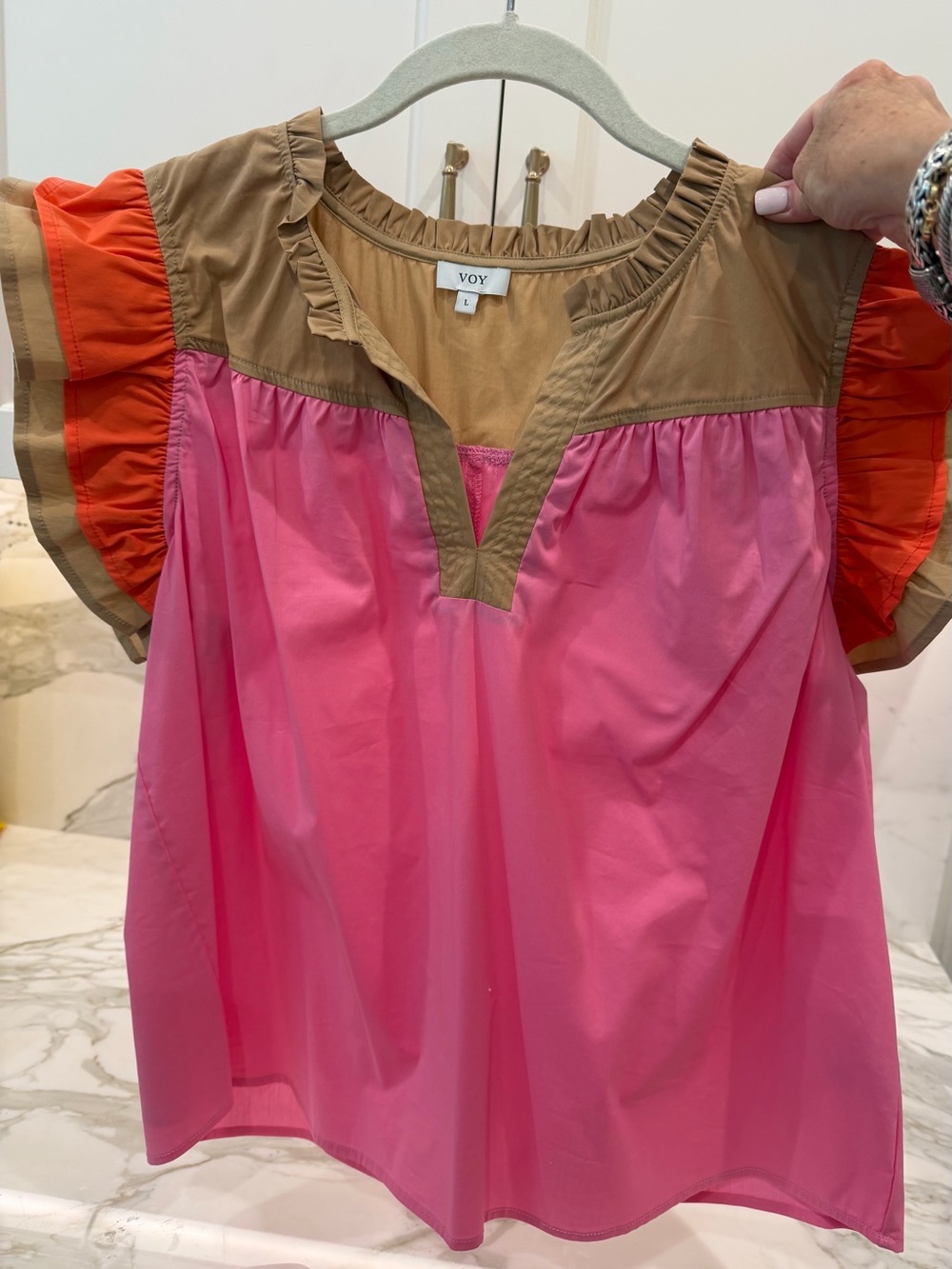Pink Colorblock Flutter Sleeve Top by VOY